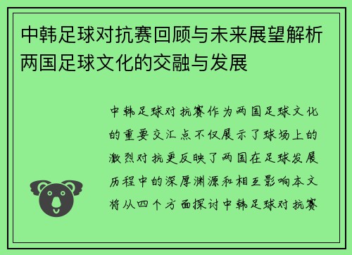 中韩足球对抗赛回顾与未来展望解析两国足球文化的交融与发展