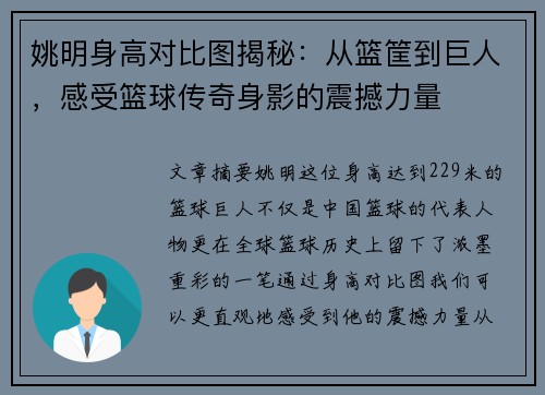姚明身高对比图揭秘：从篮筐到巨人，感受篮球传奇身影的震撼力量